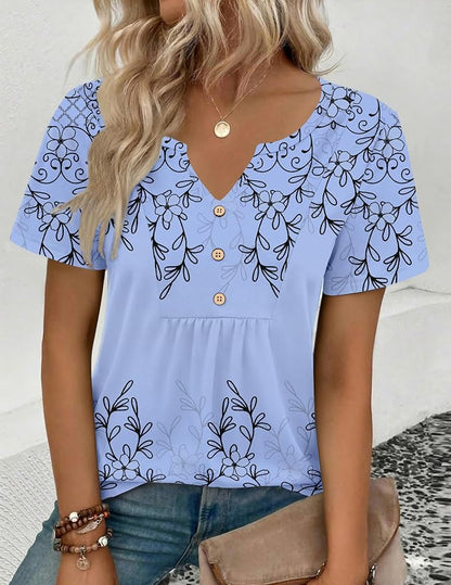 Zeagoo Womens Short Sleeve Tops Summer Henley V-Neck Tshirts Casual Pleated Blouse Dressy Loose Floral Basic Tee