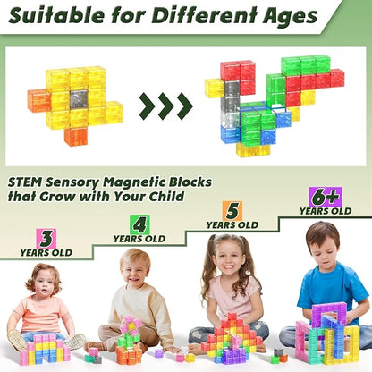 Apluses Magnetic Blocks Building Toys - Transparent Rainbow Magnetic Cubes Set, Outdoor Sensory Autism STEM Toys Gifts for Kids Aged 3+ Year Old Boys & Girls
