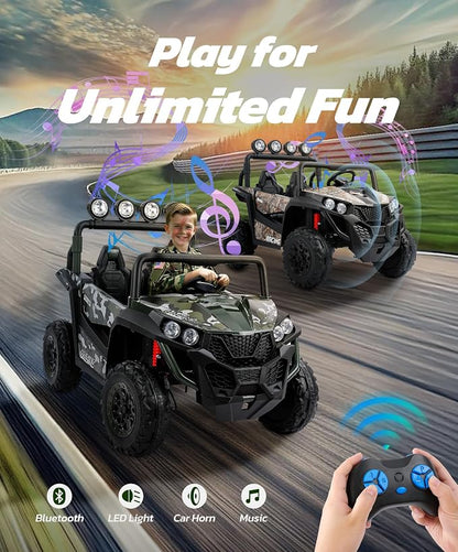 ELEMARA 2 Seater 24V Ride on Toys for Big Kids,XL Ride on Car with Remote Control,Max Capacity 130lbs Battery Powered Kids car,5 Mph Max,4-Wheeler Suspension,Bluetooth,Rainbowlight*4,Camouflage Green