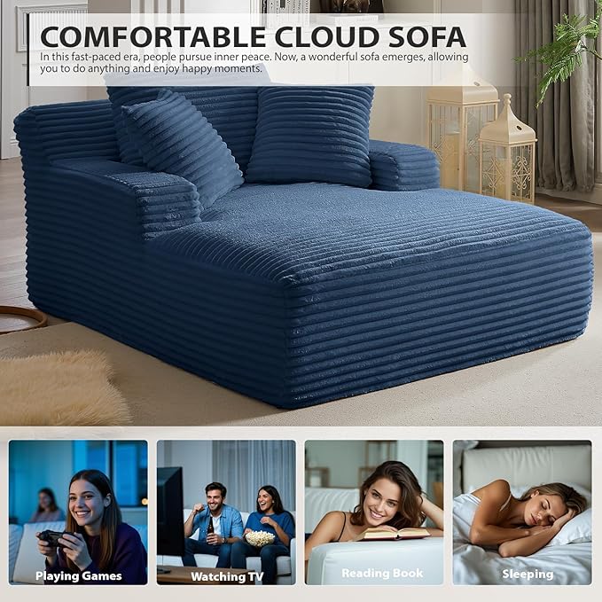 50 Inches Chaise Lounge Indoor, Oversized Chaise Lounge Chair with 3 Throw Pillows and Armrests, Corduroy Upholstered Plush Sofa Bed Lazy Chair Bed Sleeper Chair for Living Room Apartment (Blue)