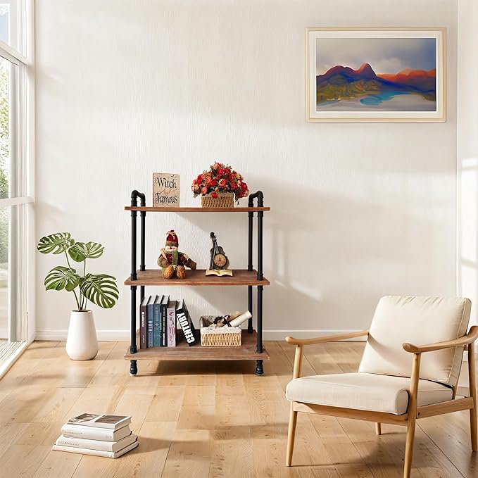 3 Tier Industrial Pipe Bookcase, Rustic Farmhouse Bookshelf with Solid Wood for Living Room, Kitchen, Office