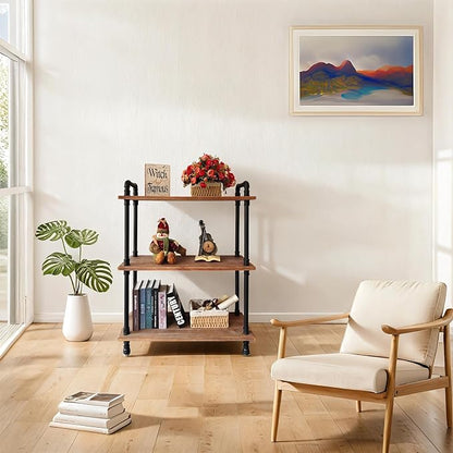 3 Tier Industrial Pipe Bookcase, Rustic Farmhouse Bookshelf with Solid Wood for Living Room, Kitchen, Office