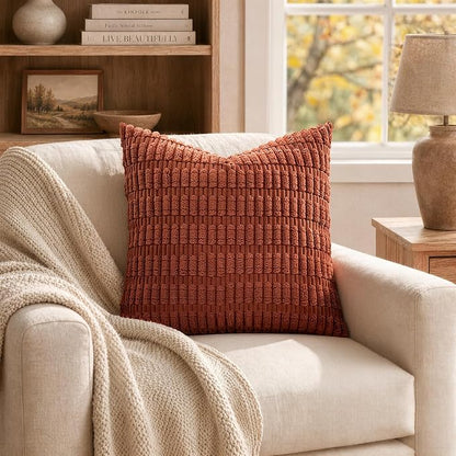 MIULEE Fall Pack of 2 Corduroy Decorative Throw Pillow Covers 16x16 Inch Soft Boho Striped Pillow Covers Modern Farmhouse Home Decor for Sofa Living Room Couch Bed Rust