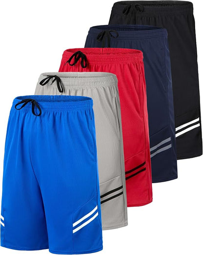 5 Pack Men's Mesh Shorts Athletic Basketball Sports Gym Workout Pockets | Cooling Moisture-Wicking, 9", Long, Quick-Dry, Breathable, Elastic Drawstring Waistband. Running, Exercise, Soccer, Training.