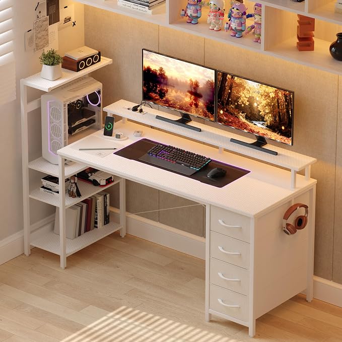 51 Inch Gaming Desk with Drawers & PC Tower Stand & LED Lights, White | Reversible, Monitor Shelf, Power Outlets, Carbon Fiber, Mesa Gamer, Computer Desk with Storage, Gaming Table for Home Office