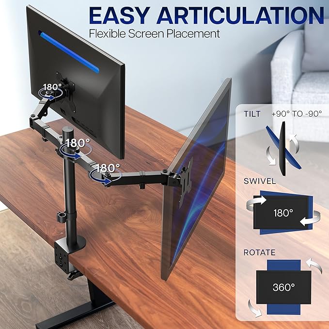 VIVO Dual Monitor Desk Mount, Holds 2 Computer Screens up to 30 inches and 22lbs Each, Heavy Duty Fully Adjustable Steel Stand with C-Clamp and Grommet, Black, STAND-V002 | Black, Articulating, Adjustable Monitor Arm, Grommet or C-Clamp Mounting, Compu...