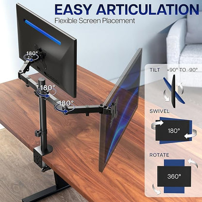 VIVO Dual Monitor Desk Mount, Holds 2 Computer Screens up to 30 inches and 22lbs Each, Heavy Duty Fully Adjustable Steel Stand with C-Clamp and Grommet, Black, STAND-V002 | Black, Articulating, Adjustable Monitor Arm, Grommet or C-Clamp Mounting, Compu...