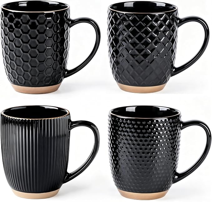 GBhome Large Coffee Mugs Set of 4, 16oz Handmade Embossed Coffee Mugs Set with Large Handle for Cappuccino/Latte/Tea/Hot Cocoa, Dishwasher & Microwave Safe, Black
