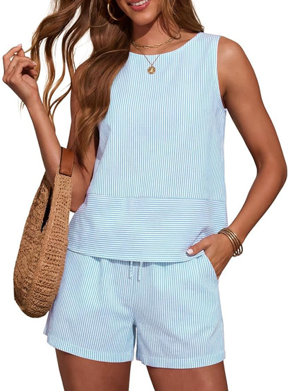LOMON Women's Trendy 2 Piece Outfits Shorts Sets Summer Crew Neck Sleeveless Tank Top and Bottom Matching with Pockets 2026