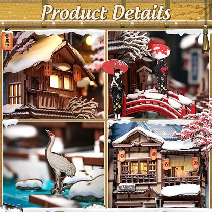 CUTEBEE Book Nook Kit - DIY Miniature House Dollhouse for Adults, Japanese Kyoto Winter Street Scene, Bookshelf Decor 3D Wooden Puzzle Model Kit, Diorama Bookish Gifts (Kyoto Snow Scene)