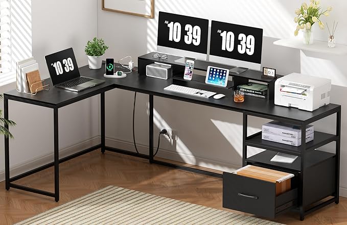 L Shaped Desk - 87" L Shaped Gaming Desk with Power Outlet & Monitor Shelf, Home Office Corner Computer Desk with Printer Shelf & File Drawer, Black