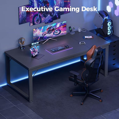 Mericonia 63x28 Inch Computer Desk w/Power Outlets, 1.2" Thick Office Table | Modern Simple Style, Heavy Duty Industrial Frame, Large Study & Writing Table for Home Bedroom Work, Black