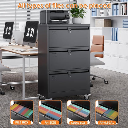 METAN 3 Drawer Lateral File Cabinet on Wheels with Locks, Heavy Duty Metal Rolling Filing Cabinet for Home Office, for Letter, Legal Size Folders, Black, Assembly Required,16" D x 29" W x 47.5" H