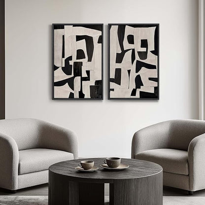 Large Framed Black and Beige Abstract Wall Art, Set of 2 Piece Minimalist Canvas Paintings Artwork for Walls, Modern Art Prints Pictures for Living Room Hallway Dining Room Bedroom Office Wall Decor