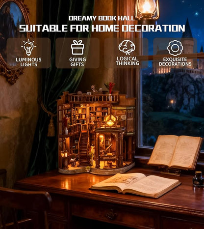Roroom DIY Miniature House Kit, Dreamy Book Hall Book Nook Kit | Wooden 3D Puzzles for Adults with LED, Bookshelf, Desk and Bedside Room Decor, Relaxing Craft Project, Creative Gift