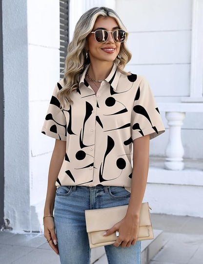 Zeagoo Button Down Shirts for Women Short Sleeve Collared Tops Dressy Casual V Neck Blouses