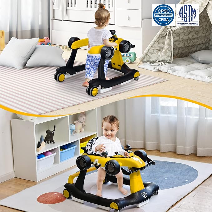 BABY JOY 4-in-1 Baby Walker, Foldable Activity Walker with Adjustable Height & Speed, Music, Lights, Anti-Rollover, Toddler Push Walker, Baby Walker with Wheels for Boys Girls 6-18 Months (Yellow)