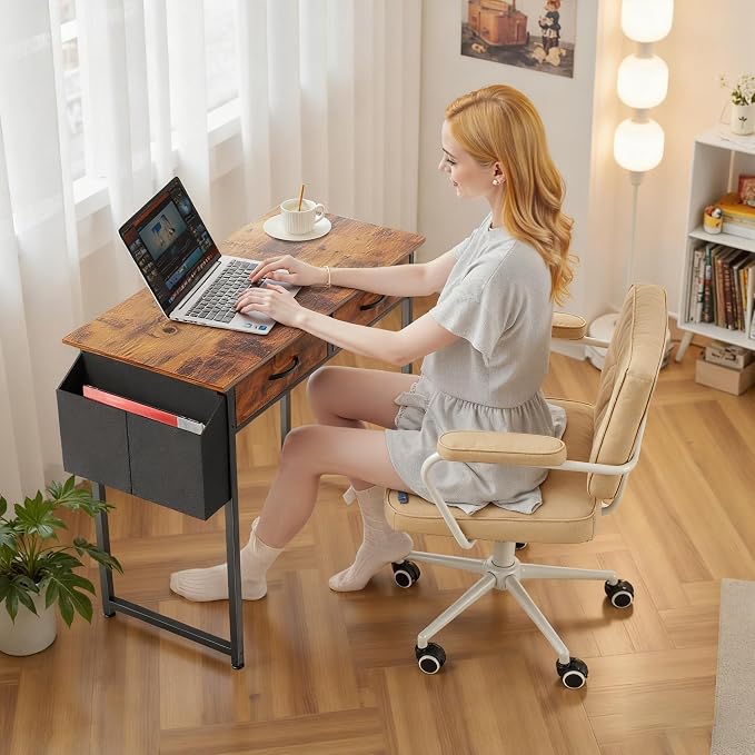 OLIXIS 32 Inch Small Desk, Computer Desk, Fabric Drawers | Side Bag, Headphone Hook, Work Table for Home Office Bedroom, Gaming, Brown