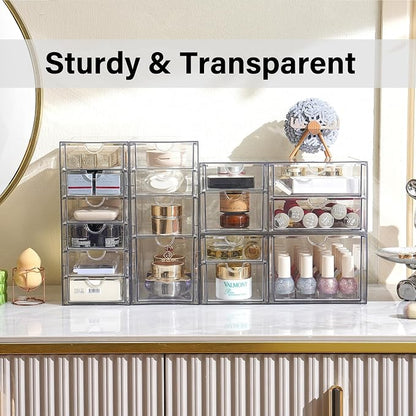 Prsildan 17 Drawers Teacher Toolbox Office Supply Organizer, Set of 4 | Clear Acrylic, Pull Out, Craft Desk Art Supply Accessories Vanity Countertop Bathroom Kitchen Cabinet Makeup Storage