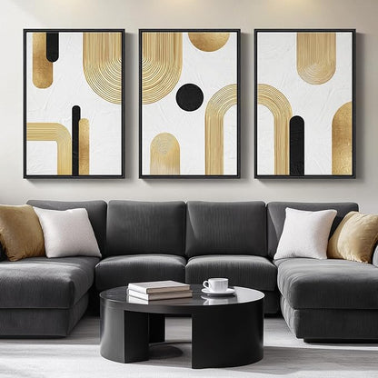 Large Framed Gold Abstract Geometric Wall Art for LIving Room, 3 Piece Modern Canvas Prints Paintings Artwork for Walls, Minimalist Black White Gold Pictures for Hallway Office Wall Decor 24x36 Inch