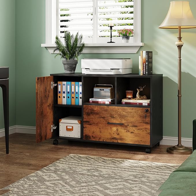DEVAISE Lateral File Cabinet with Lock, 1-Drawer Rolling File Cabinets on Wheels for Home Office, Wood Printer Stand with Open Storage Shelf, Rustic Brown