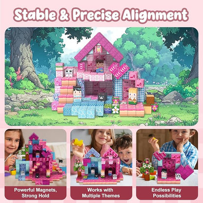 ADAH 216PCS Magnetic Building Blocks for Girls, Pink Princess STEM Toys for Ages 4-8, Creative Educational Building Toys for 3-6 Year Olds, Magic Blocks for Kids