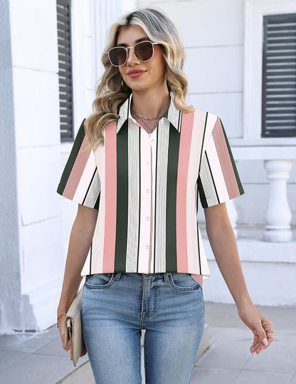 Zeagoo Button Down Shirts for Women Short Sleeve Collared Tops Dressy Casual V Neck Blouses