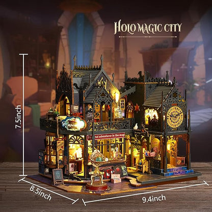 Plustopoy Miniature House Kit DIY Mini House Building Kit with LED Light, DIY Mini Dollhouse with Furniture Book Nook Kit, 3D Wooden Puzzle Wooden Bookend Shelf Insert Decro (Holo Magic City)