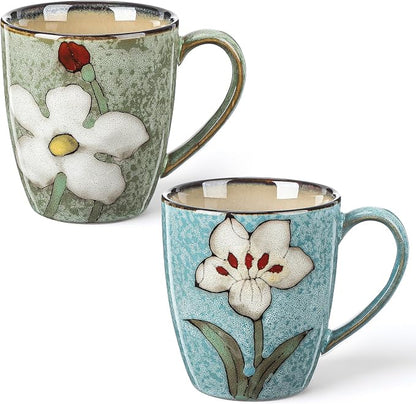 Maxdot 2 Pcs 12oz Ceramic Coffee Mugs Sets Glazing Process Cappuccino Mug Floral Ceramic Tea Cups Idea Gift Set for Women Porcelain Cup for Coffee, Cocoa, Tea, Latte (Retro) (Fresh)