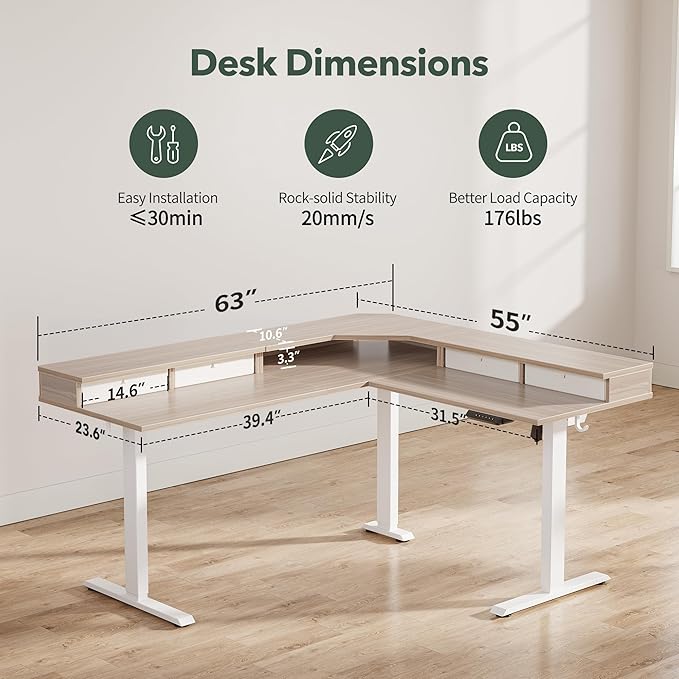 FEZIBO 63" L Shaped Standing Desk with 4 Drawers, Electric Standing Gaming Desk Adjustable Height, Corner Stand up Desk with Splice Board, White Frame/Light Walnut Top