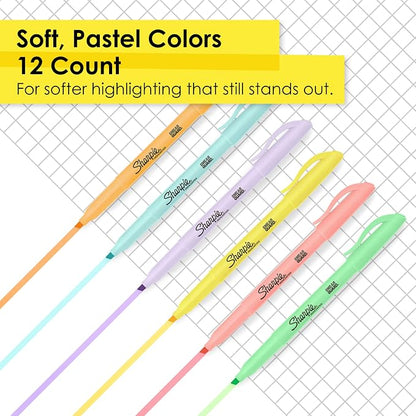 Sharpie Pocket Highlighters, Mild Pastel Colors, Assorted, Chisel Tip, 12 Count - School, Home, and Office Use, Teacher Supplies