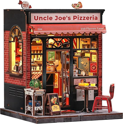 CUTEBEE Book Nook Kit - DIY Miniature House Dollhouse Kit for Adults and Teens, Booknook Tiny House Pizza Shop Bookshelf Decor 3D Wooden Puzzle, Gifts for Family, Friends (Uncle Joe's Pizzeria)
