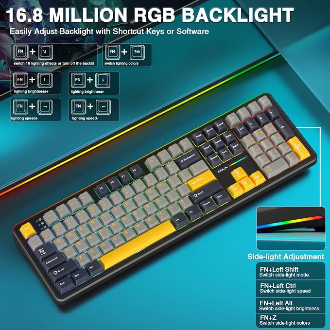 AULA F108 Wireless Mechanical Keyboard, BT5.0/USB-C/2.4GHz Hot Swappable Custom Gaming Keyboards, PBT Keycaps, Pre-lubed Switches, RGB Backlit Full Size Creamy Keyboard with Number Pad, 108 Keys
