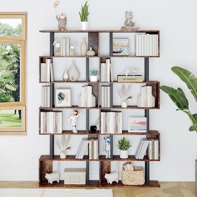 Yusong Geometric Bookcase, S Shaped Bookshelf 6-Tier Book Shelves for Bedroom, Modern Wood Decorative Display Shelf Tall Book Case for Home Office, Bown and Black