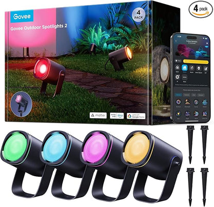 Govee Outdoor Spot Lights 2, IP67 Waterproof Spotlights, RGBWIC, 4 Pack | Landscape Lights Work with Matter, Alexa, and Google Assistant, Color Changing Ourdoor Light for Patio, Yard, Garden