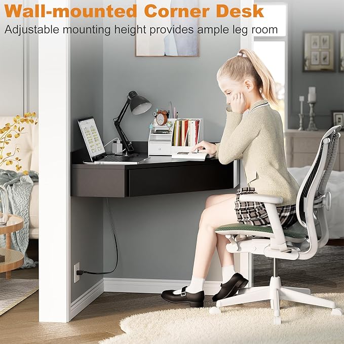 armocity Triangular Computer Desk with Outlets, Wall-Mounted Desk for Small Space, Floating Corner Table with Drawer, USB Ports, Home Office, Bedroom, Black