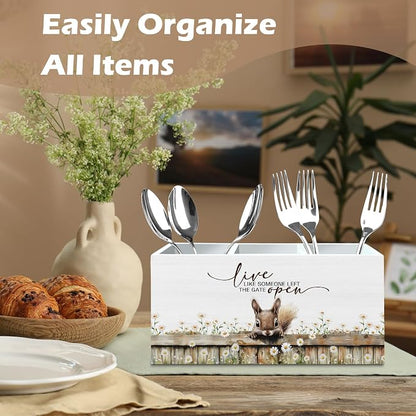 DILSJ Squirrel Inspirational Pen Pencil Holder Organizer For Desk, Squirrel Gifts, Rustic Floral Live Like Someone Left The Gate Open Wooden Box Signs For Home Office Desk Tabletop Decoration