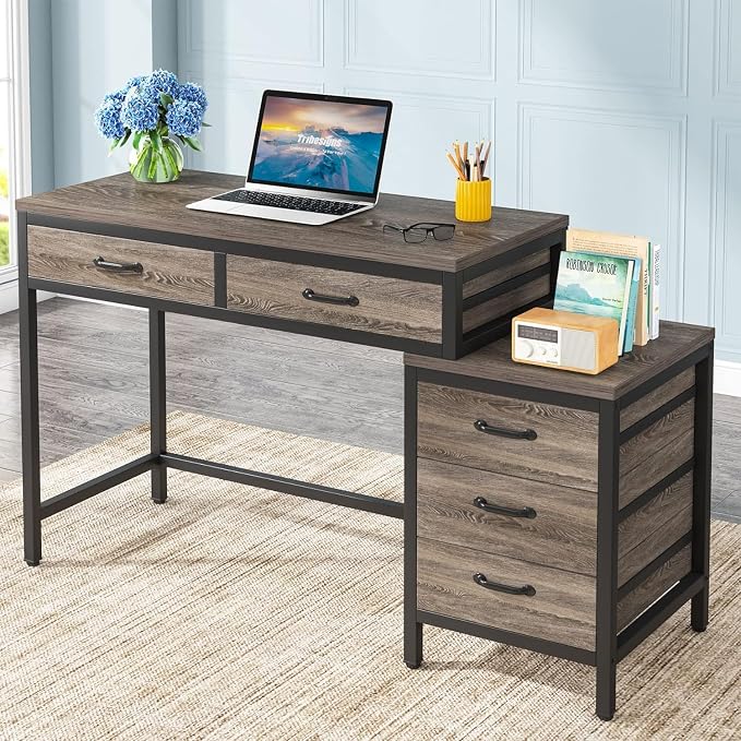 Tribesigns Computer Desk with 5 Drawers, Reversible Home Office Desks | Small Desk with Drawer Cabinet Printer Stand, PC Desk with Storage, Grey Study Writing Table Workstation for Small Spaces