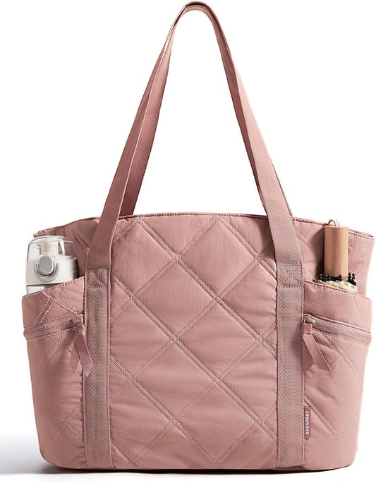 BAGSMART Crush Tote Bag for Women, 20L Puffer Work Tote with Zipper | Quilted Nurse Hospital Bag For Travel College Gym