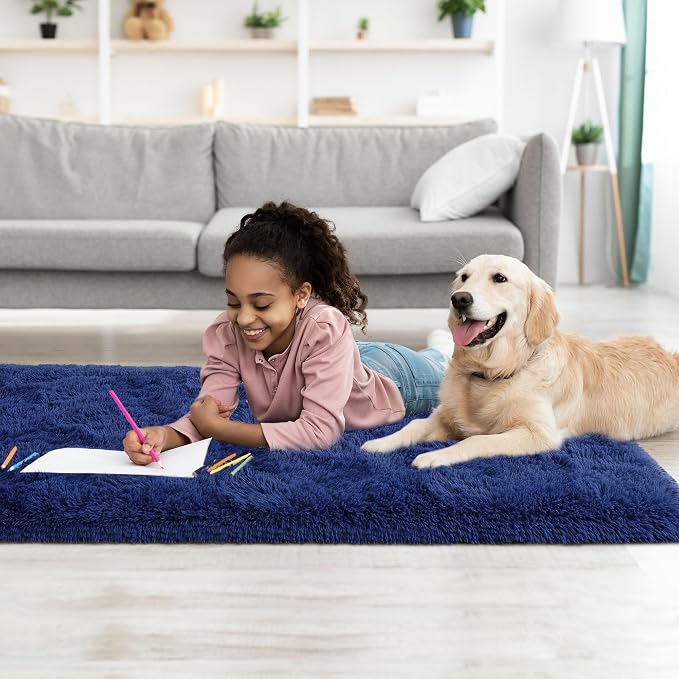 Tepook Soft Runner Rugs for Bedroom 2x6 ft with Rubber Backing, Navy Fluffy Rugs for Living Room, Shag Bedside Rug Fuzzy Plush Carpet for Room, Area Rug for Dorm Nursery Hallway Indoor Home Decor