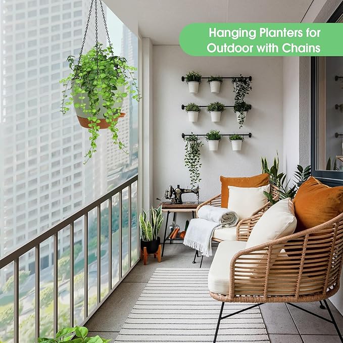 Hanging Planters for Indoor Outdoor Plants, 2 Pack Self Watering Hanging Pot with Drainage Holes, Removable Tray & 2 Kinds of Plant Hangers, 8'' Hanging Flower Pots for Home Garden Decor, Green