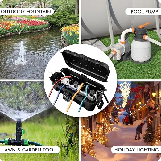RESTMO Outdoor Electrical Box, IP54 Weatherproof Extension Cord Cover with 6 Cable Entry Ports, Waterproof Connection Box Protect Power Strip, Timer, Plug, Holiday Lights, (11.5x5.2x4 inch), Black