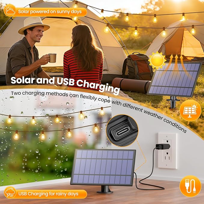 Mlambert 25FT Solar Powered String Lights Outdoor, Waterproof Solar Patio Light String with 10+1 Shatterproof LED G40 Bulbs for Backyard Garden-Brown
