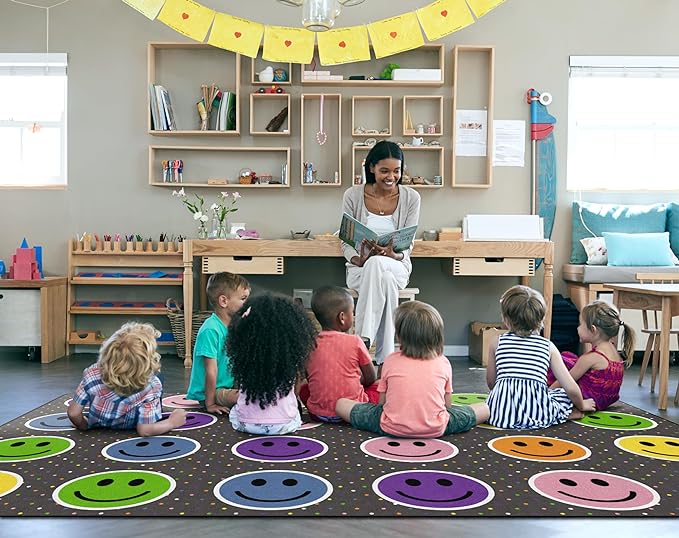Flagship Carpets Smiley Seating (Seats 24) Classroom Area Rug or Educational Learning Mat, Kids Room or Playroom Carpet, 7'6" x 12', Gray/Multi