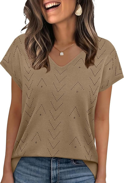 WIHOLL Short Sleeve Sweater for Women V Neck Trendy Cute Tops Business Casual Outfits Cap Sleeve