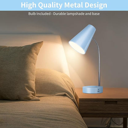 RUNTOP Metal Desk Lamp, Eye-Caring Table Lamp, Study Lamps with Flexible Goose Neck for Bedroom and Office, Desk lamp with USB, 5 Color Temperatures, 5 Brightness Levels (Blue)