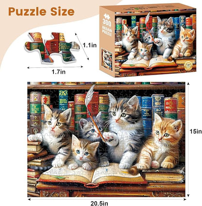300 Piece Puzzle for Adults, Cats Library Jigsaw Puzzle, Funny Kitten Bookshelf Puzzles, Animal Pet Lover Challenging Puzzles for Friends Family Activity Game Nights Gifts, 20.5x15 in