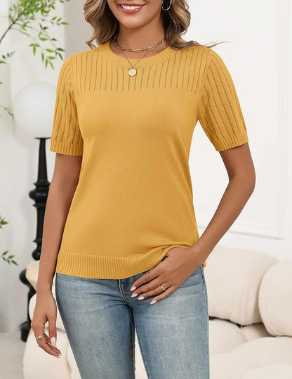 Zeagoo Women's Short Sleeve Sweater Tops 2026 Spring Summer Crew Neck Hollow Out Blouses Dressy Business Casual Outfits