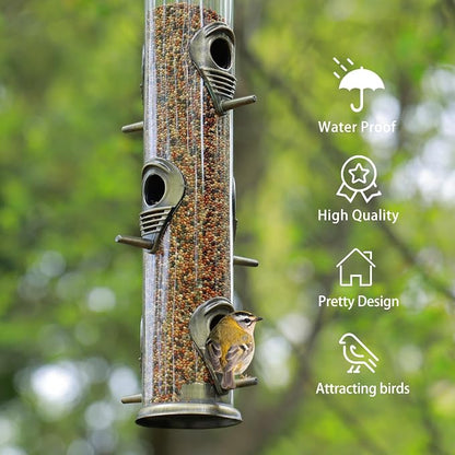 MIXXIDEA 2PK Metal Bird Feeders with 6 Feeding Ports,Tube Bird Feeder with Steel Hanger,Hard Plastic Wild Bird Feeder for Outdoors Hanging, Attracting Birds in Your Lawn, Garden, Balcony (Bronze)