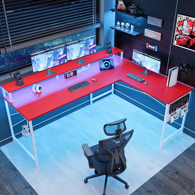 Pamray 64 Inch L Shaped Gaming Desk with Monitor Stand and Power Outlets | Large Corner Computer Desk With Pegboard & Led Lights USB Charging Ports for Home Office Study and Writing Bedroom and Dorms